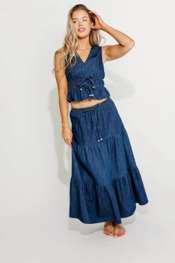 Online Worth Collective Noah 100% Cotton Peplum Top and Midi Skirt Set in Denim
