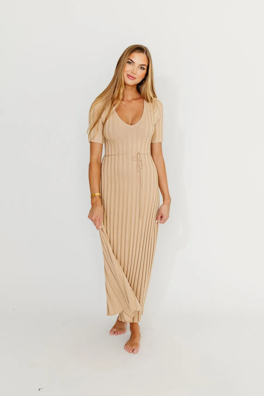 Online Worth Collective Oakley Ribbed Maxi Dress in Taupe - Bump Friendly