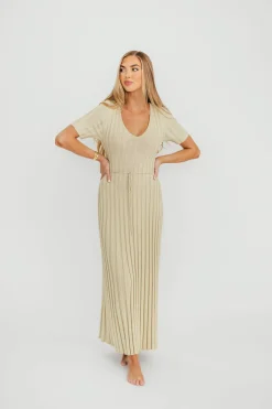 New Worth Collective Oakley Ribbed Maxi Dress in Dusty Lime - Bump Friendly