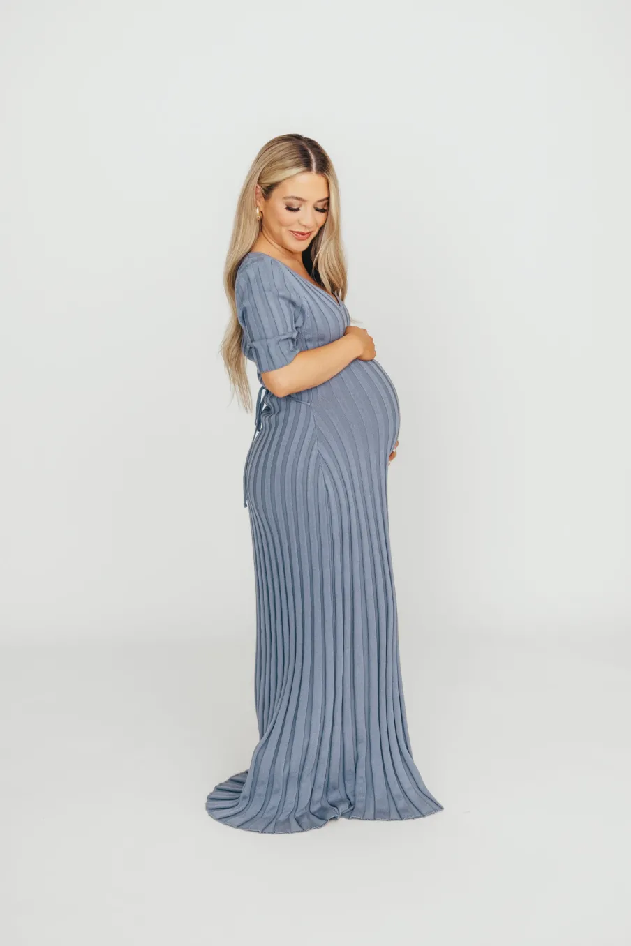 Hot Worth Collective Oakley Ribbed Maxi Dress in Dusty Blue - Bump Friendly