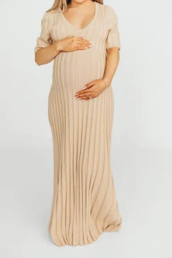 Online Worth Collective Oakley Ribbed Maxi Dress in Taupe - Bump Friendly