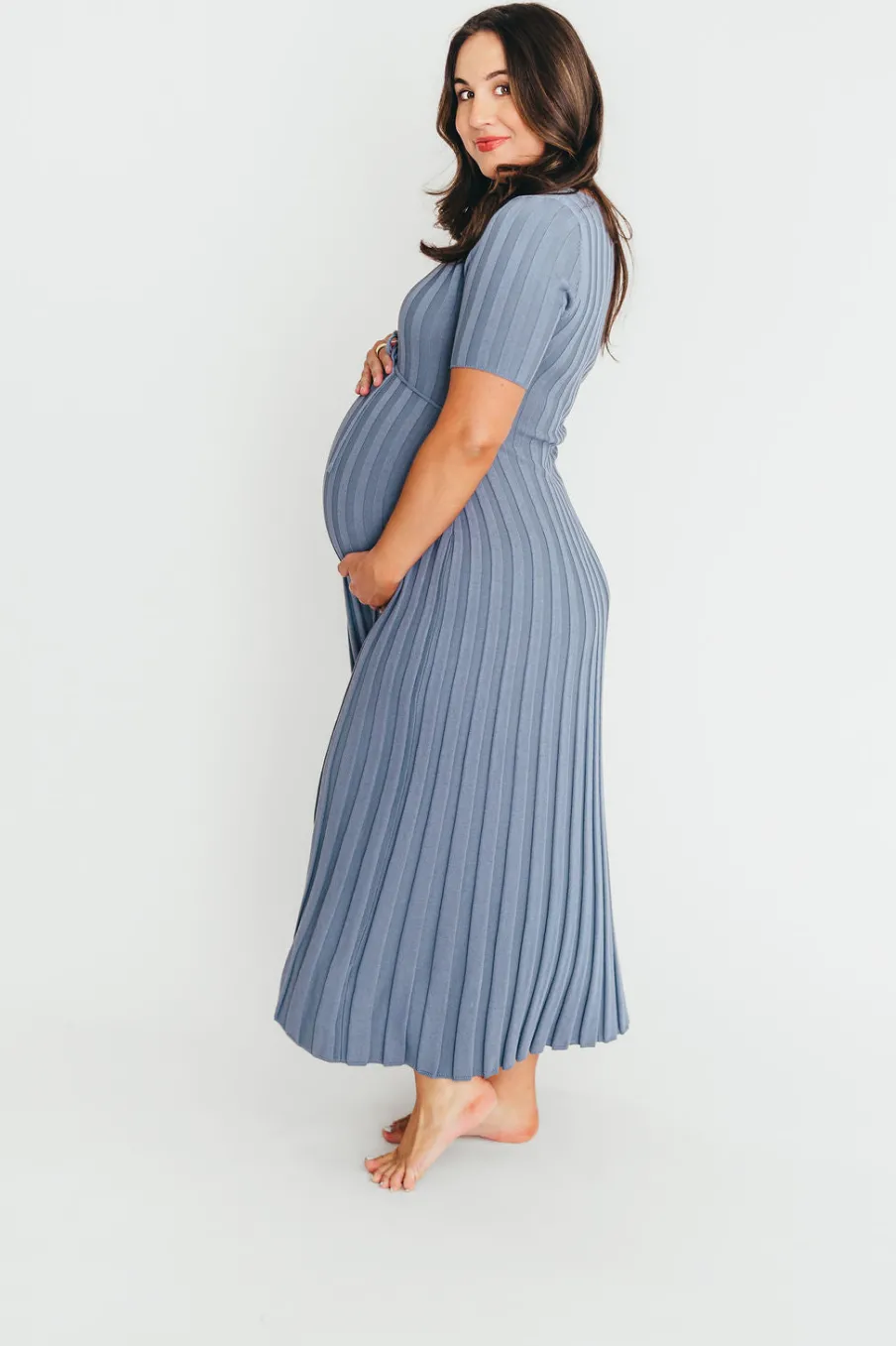 Hot Worth Collective Oakley Ribbed Maxi Dress in Dusty Blue - Bump Friendly