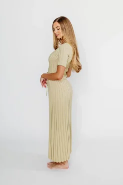 New Worth Collective Oakley Ribbed Maxi Dress in Dusty Lime - Bump Friendly