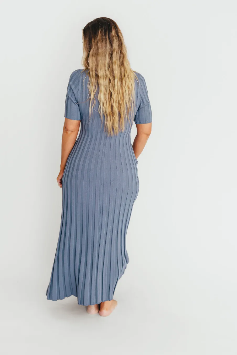 Hot Worth Collective Oakley Ribbed Maxi Dress in Dusty Blue - Bump Friendly