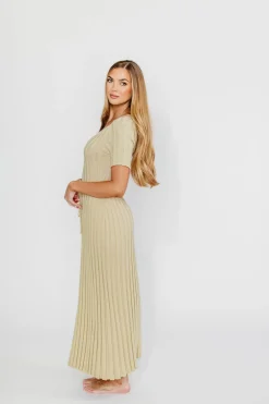 New Worth Collective Oakley Ribbed Maxi Dress in Dusty Lime - Bump Friendly