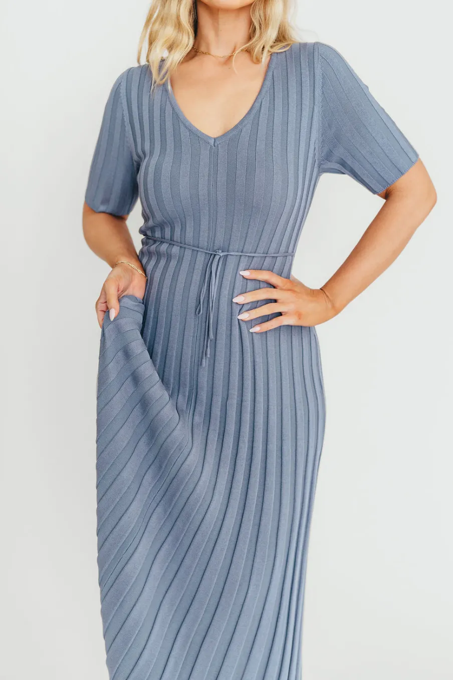 Hot Worth Collective Oakley Ribbed Maxi Dress in Dusty Blue - Bump Friendly