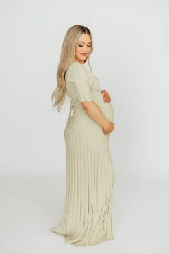 New Worth Collective Oakley Ribbed Maxi Dress in Dusty Lime - Bump Friendly