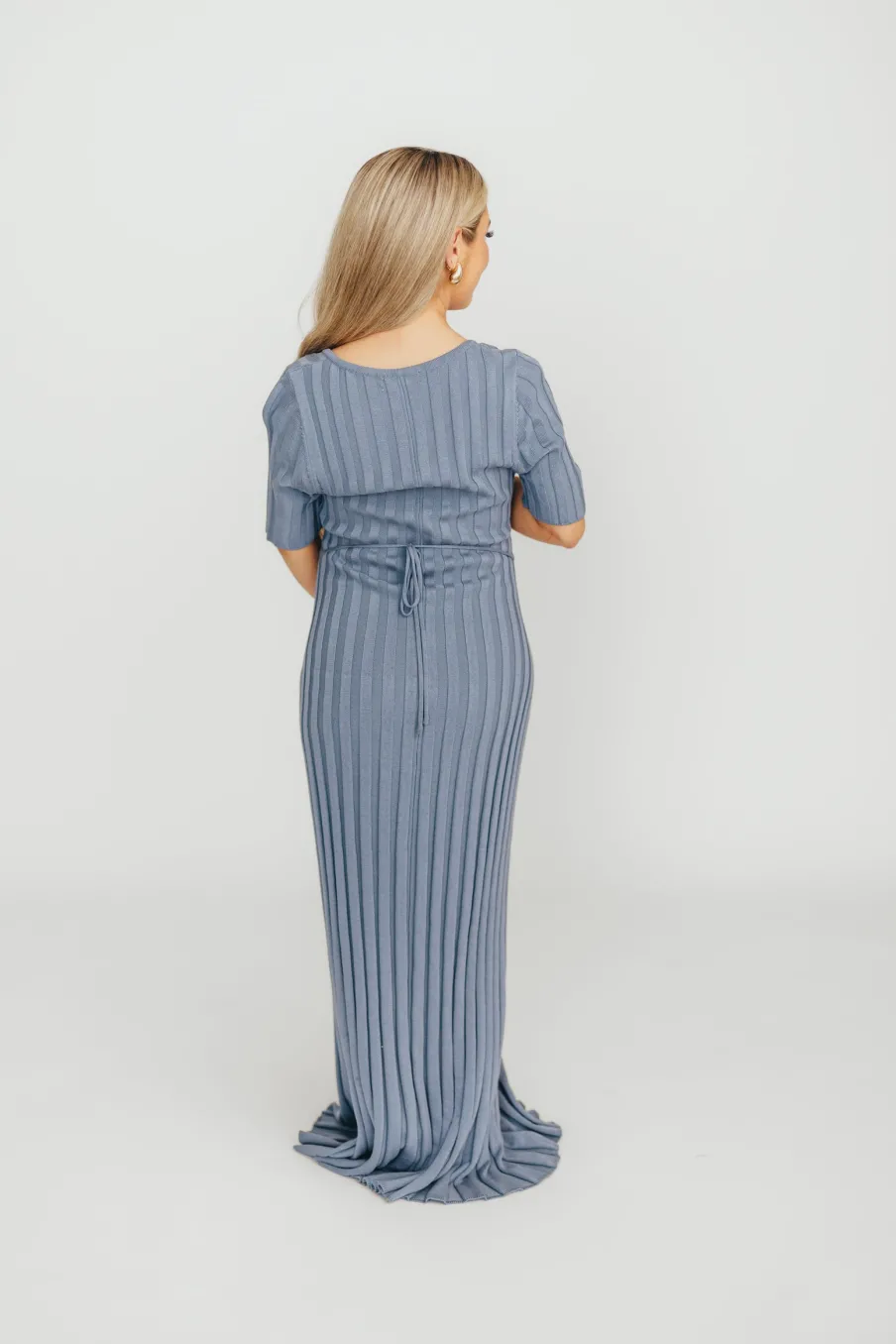 Hot Worth Collective Oakley Ribbed Maxi Dress in Dusty Blue - Bump Friendly