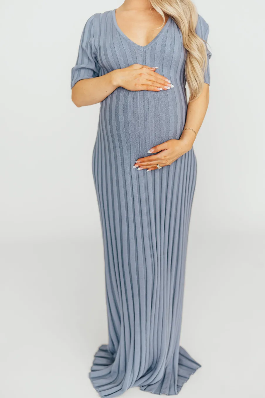 Hot Worth Collective Oakley Ribbed Maxi Dress in Dusty Blue - Bump Friendly