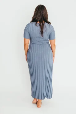 Hot Worth Collective Oakley Ribbed Maxi Dress in Dusty Blue - Bump Friendly