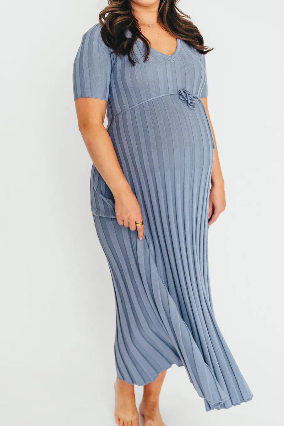 Hot Worth Collective Oakley Ribbed Maxi Dress in Dusty Blue - Bump Friendly