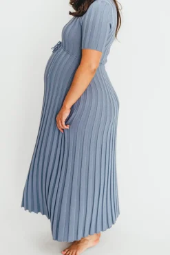 Hot Worth Collective Oakley Ribbed Maxi Dress in Dusty Blue - Bump Friendly