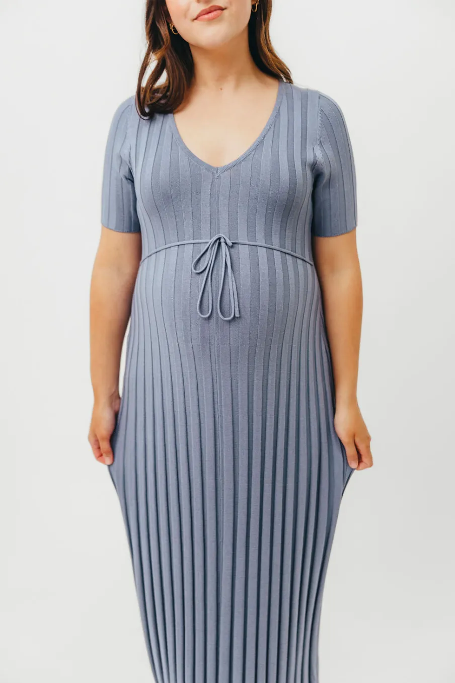 Hot Worth Collective Oakley Ribbed Maxi Dress in Dusty Blue - Bump Friendly