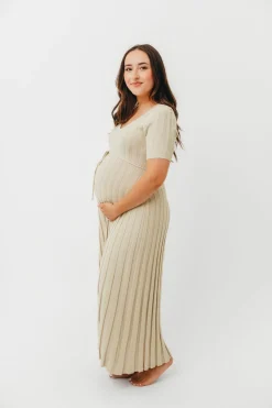 New Worth Collective Oakley Ribbed Maxi Dress in Dusty Lime - Bump Friendly