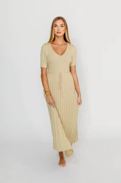 New Worth Collective Oakley Ribbed Maxi Dress in Dusty Lime - Bump Friendly