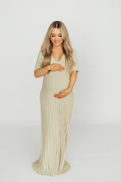 New Worth Collective Oakley Ribbed Maxi Dress in Dusty Lime - Bump Friendly
