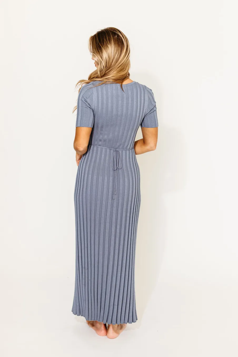 Hot Worth Collective Oakley Ribbed Maxi Dress in Dusty Blue - Bump Friendly
