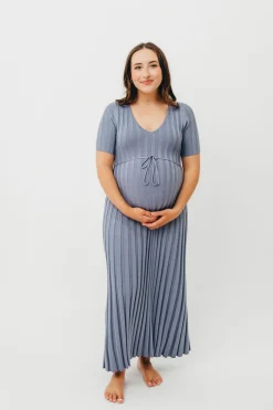 Hot Worth Collective Oakley Ribbed Maxi Dress in Dusty Blue - Bump Friendly