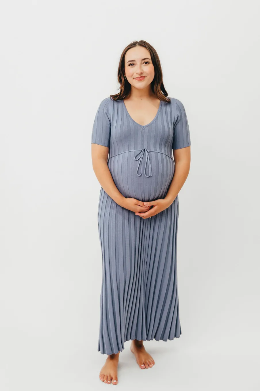 Hot Worth Collective Oakley Ribbed Maxi Dress in Dusty Blue - Bump Friendly