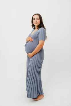 Hot Worth Collective Oakley Ribbed Maxi Dress in Dusty Blue - Bump Friendly