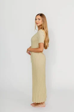 New Worth Collective Oakley Ribbed Maxi Dress in Dusty Lime - Bump Friendly