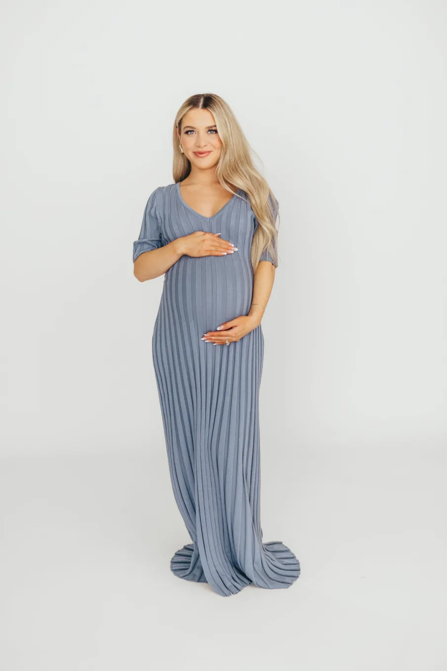 Hot Worth Collective Oakley Ribbed Maxi Dress in Dusty Blue - Bump Friendly
