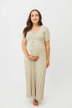 New Worth Collective Oakley Ribbed Maxi Dress in Dusty Lime - Bump Friendly
