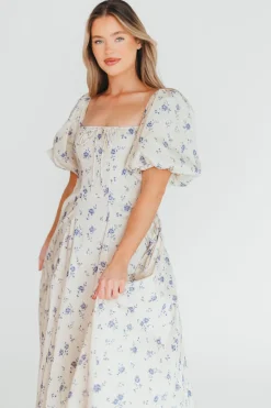Outlet Worth Collective Olivia 100% Cotton Floral Printed Midi Dress in Ivory