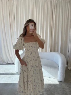 Outlet Worth Collective Olivia 100% Cotton Floral Printed Midi Dress in Ivory