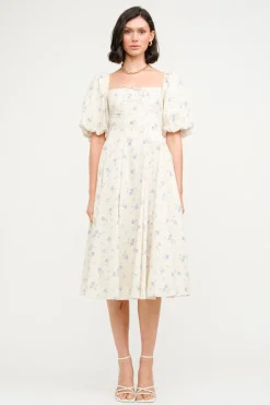 Outlet Worth Collective Olivia 100% Cotton Floral Printed Midi Dress in Ivory