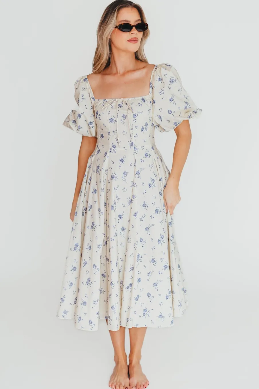 Outlet Worth Collective Olivia 100% Cotton Floral Printed Midi Dress in Ivory