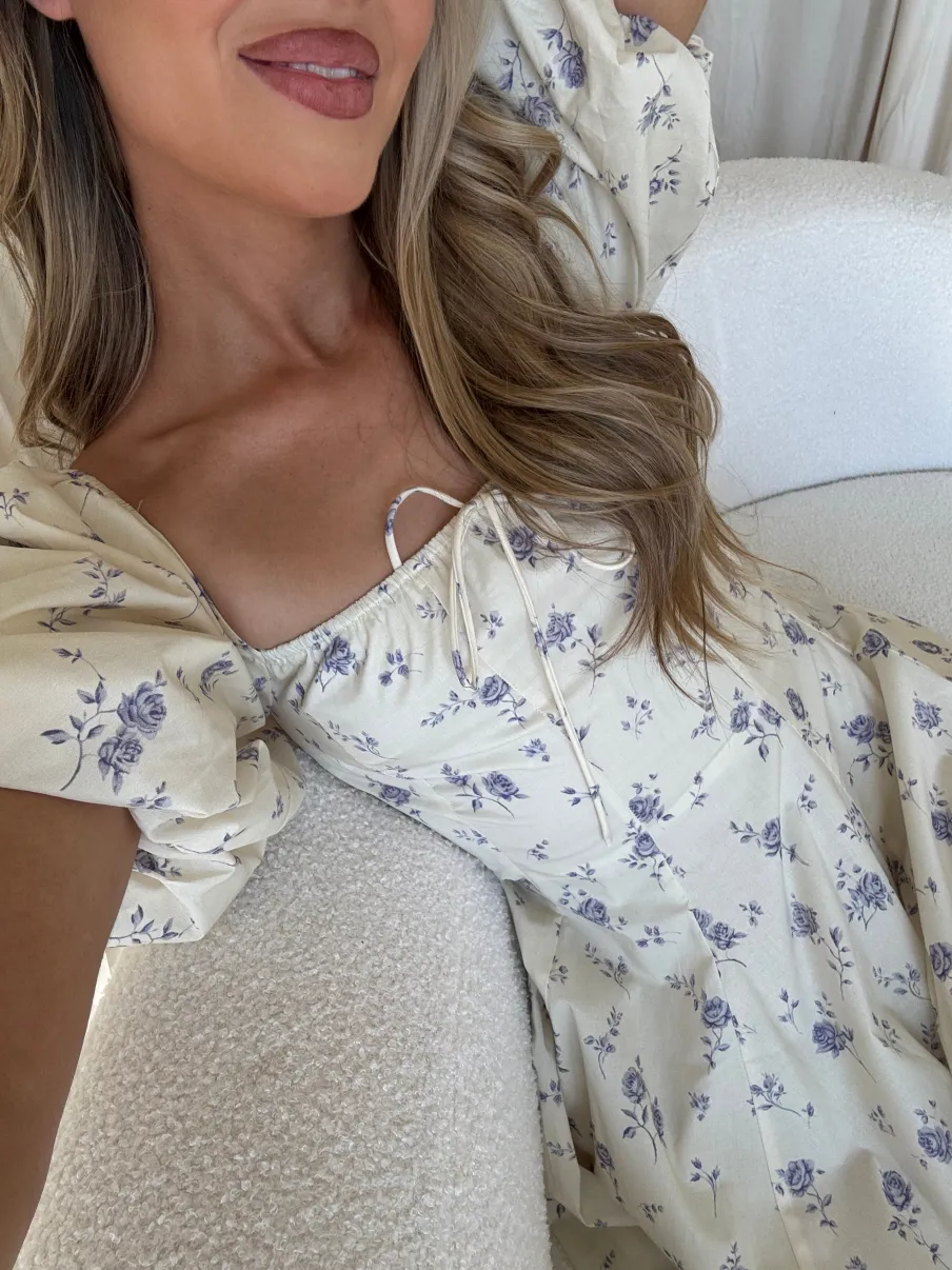Outlet Worth Collective Olivia 100% Cotton Floral Printed Midi Dress in Ivory