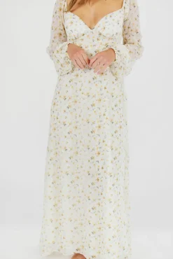 Online Worth Collective Parker Smocked Maxi Dress with Puffed Sleeves in Ivory/Yellow - Bump F