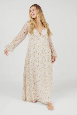 Online Worth Collective Parker Smocked Maxi Dress with Puffed Sleeves in Ivory/Yellow - Bump F