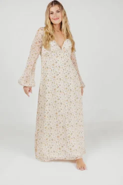 Online Worth Collective Parker Smocked Maxi Dress with Puffed Sleeves in Ivory/Yellow - Bump F
