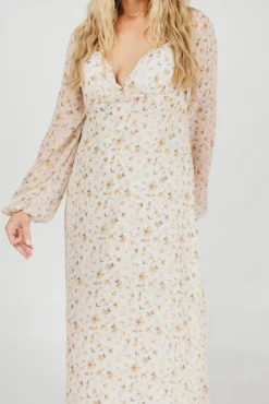Online Worth Collective Parker Smocked Maxi Dress with Puffed Sleeves in Ivory/Yellow - Bump F