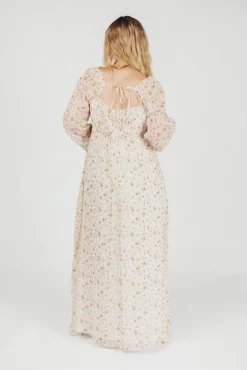 Online Worth Collective Parker Smocked Maxi Dress with Puffed Sleeves in Ivory/Yellow - Bump F