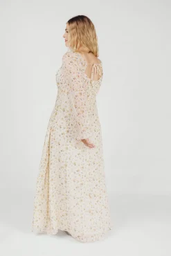 Online Worth Collective Parker Smocked Maxi Dress with Puffed Sleeves in Ivory/Yellow - Bump F