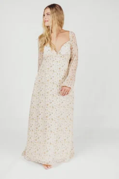 Online Worth Collective Parker Smocked Maxi Dress with Puffed Sleeves in Ivory/Yellow - Bump F
