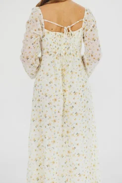 Online Worth Collective Parker Smocked Maxi Dress with Puffed Sleeves in Ivory/Yellow - Bump F