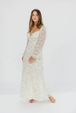 Online Worth Collective Parker Smocked Maxi Dress with Puffed Sleeves in Ivory/Yellow - Bump F