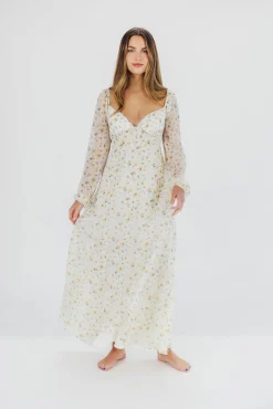 Online Worth Collective Parker Smocked Maxi Dress with Puffed Sleeves in Ivory/Yellow - Bump F
