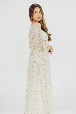 Online Worth Collective Parker Smocked Maxi Dress with Puffed Sleeves in Ivory/Yellow - Bump F