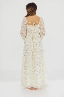 Online Worth Collective Parker Smocked Maxi Dress with Puffed Sleeves in Ivory/Yellow - Bump F