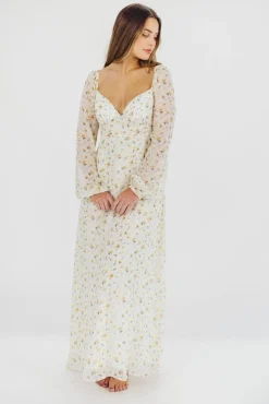 Online Worth Collective Parker Smocked Maxi Dress with Puffed Sleeves in Ivory/Yellow - Bump F