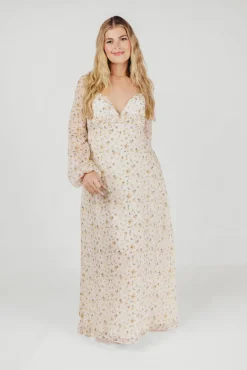 Online Worth Collective Parker Smocked Maxi Dress with Puffed Sleeves in Ivory/Yellow - Bump F