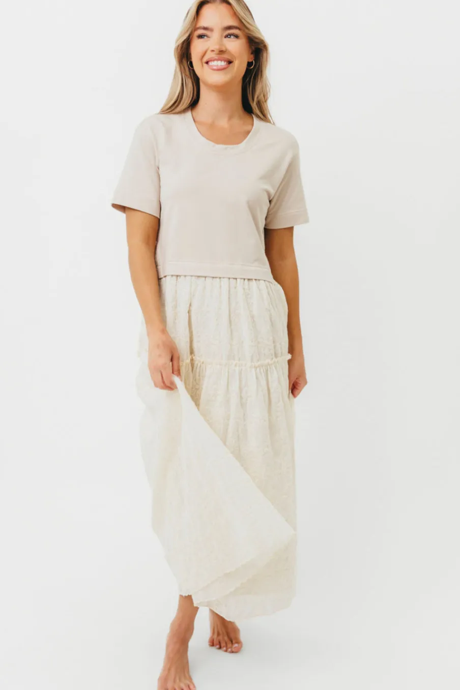 New Worth Collective Peggy Layered Lace Dress with Tee Overlay in Oatmeal