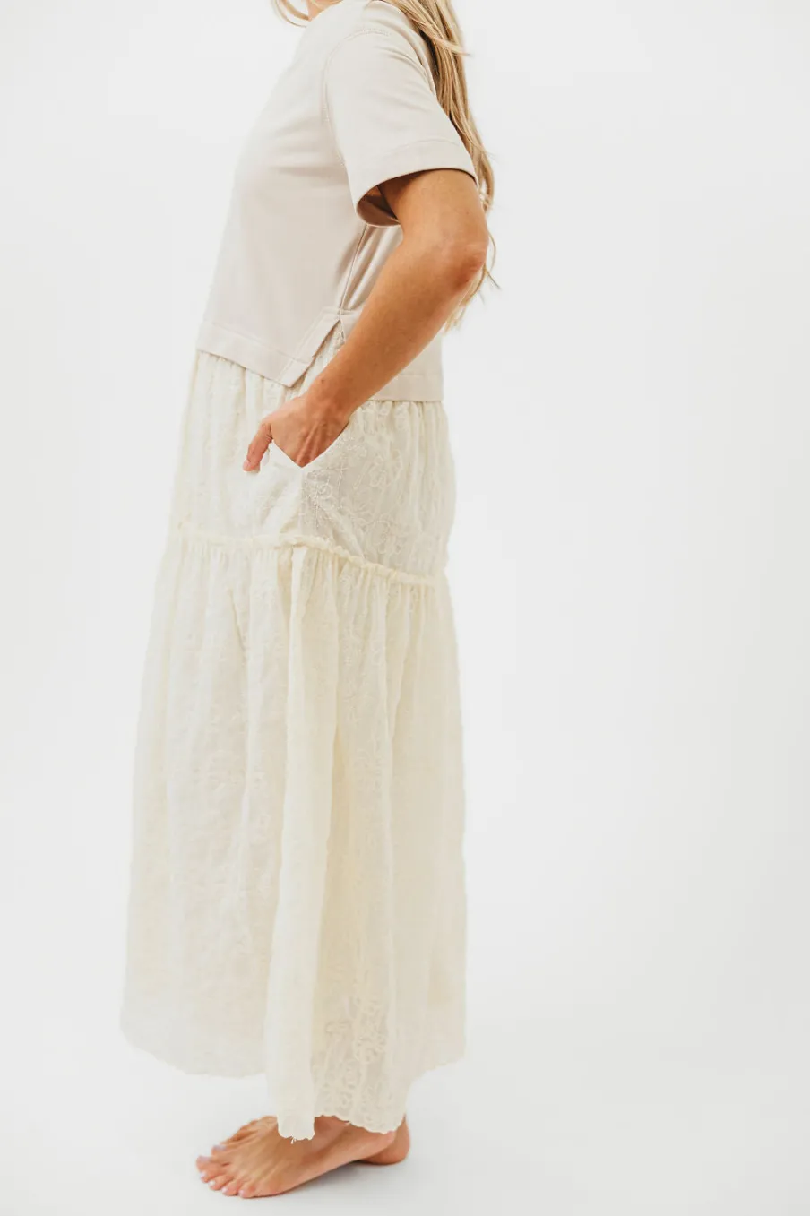 New Worth Collective Peggy Layered Lace Dress with Tee Overlay in Oatmeal