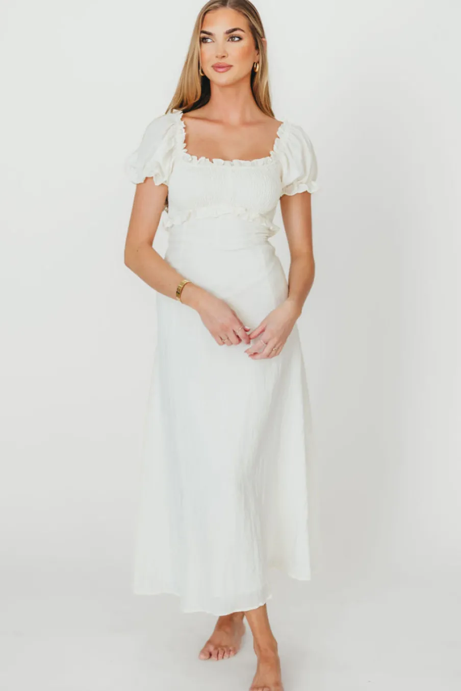 Sale Worth Collective Penny Puff Sleeve Ruffle Midi Dress in Cream