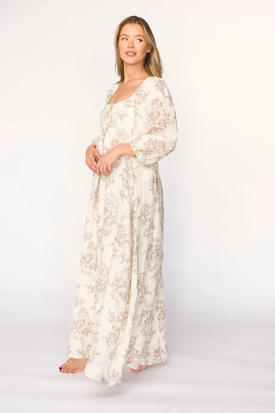 Fashion Worth Collective Peyton 100% Cotton Maxi Dress in Brown Floral - Bump Friendly (XS-XL)